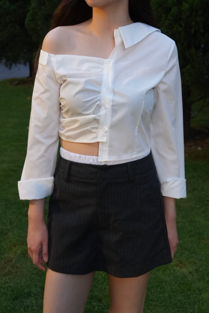 超多details! 不規則斜肩襯衫 Asymmetric Off-shoulder Shirt [2 colours]